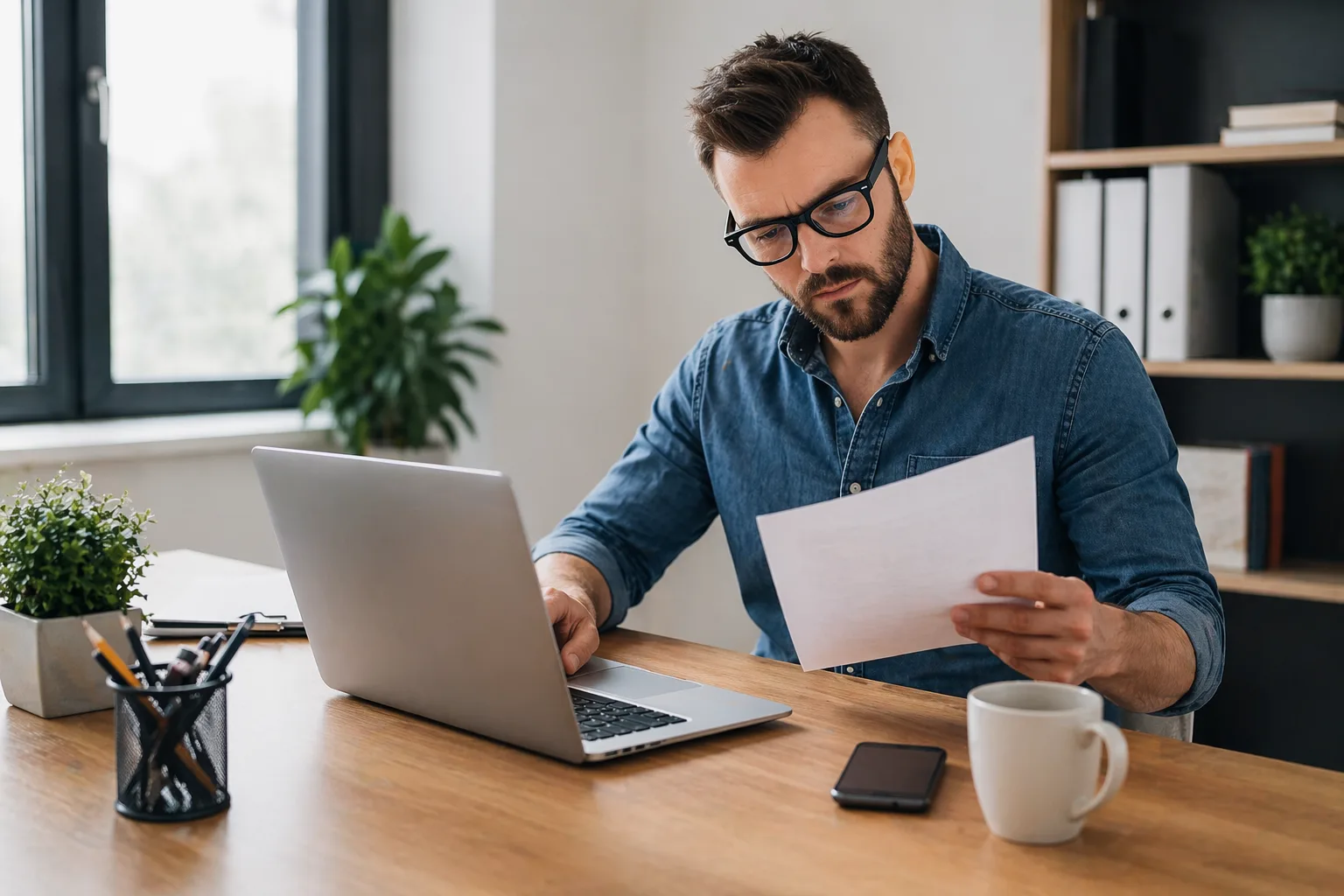 Mann sitzt vor Laptop